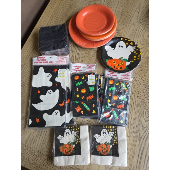 Other - Vintage Halloween Decor Party Napkins Plates Grab Bags New NOS Ghosts C A Reed